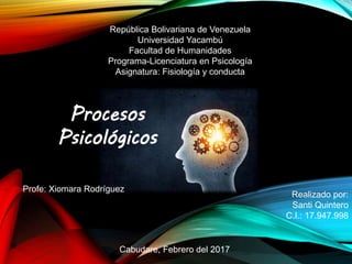 República Bolivariana de Venezuela
Universidad Yacambú
Facultad de Humanidades
Programa-Licenciatura en Psicología
Asignatura: Fisiología y conducta
Procesos
Psicológicos
Profe: Xiomara Rodríguez
Realizado por:
Santi Quintero
C.I.: 17.947.998
Cabudare, Febrero del 2017
 