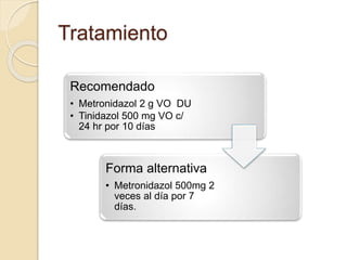 Tratamiento 
Recomendado 
• Metronidazol 2 g VO DU 
• Tinidazol 500 mg VO c/ 
24 hr por 10 días 
Forma alternativa 
• Metronidazol 500mg 2 
veces al día por 7 
días. 
 