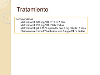 Tratamiento 
Recomendados 
Metronidazol 500 mg VO c/ 12 hr 7 días 
Metronidazol 250 mg VO c/ 8 hr 7 días 
Metronidazol gel 0.75 % aplicador con 5 mg c/24 hr 5 días 
Clindamicina crema 2 %aplicador con 5 mg c/24 hr 5 días 
 