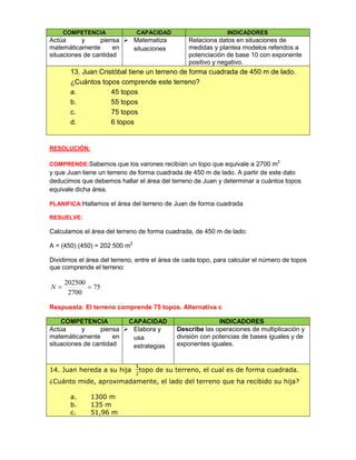 COMPETENCIA CAPACIDAD INDICADORES
Actúa y piensa
matemáticamente en
situaciones de cantidad
 Matematiza
situaciones
Relaciona datos en situaciones de
medidas y plantea modelos referidos a
potenciación de base 10 con exponente
positivo y negativo.
13. Juan Cristóbal tiene un terreno de forma cuadrada de 450 m de lado.
¿Cuántos topos comprende este terreno?
a. 45 topos
b. 55 topos
c. 75 topos
d. 6 topos
RESOLUCIÓN:
COMPRENDE:Sabemos que los varones recibían un topo que equivale a 2700 m2
y que Juan tiene un terreno de forma cuadrada de 450 m de lado. A partir de este dato
deducimos que debemos hallar el área del terreno de Juan y determinar a cuántos topos
equivale dicha área.
PLANIFICA:Hallamos el área del terreno de Juan de forma cuadrada
RESUELVE:
Calculamos el área del terreno de forma cuadrada, de 450 m de lado:
A = (450) (450) = 202 500 m2
Dividimos el área del terreno, entre el área de cada topo, para calcular el número de topos
que comprende el terreno:
75
2700
202500
N
Respuesta: El terreno comprende 75 topos. Alternativa c
COMPETENCIA CAPACIDAD INDICADORES
Actúa y piensa
matemáticamente en
situaciones de cantidad
 Elabora y
usa
estrategias
Describe las operaciones de multiplicación y
división con potencias de bases iguales y de
exponentes iguales.
14. Juan hereda a su hija topo de su terreno, el cual es de forma cuadrada.
¿Cuánto mide, aproximadamente, el lado del terreno que ha recibido su hija?
a. 1300 m
b. 135 m
c. 51,96 m
 