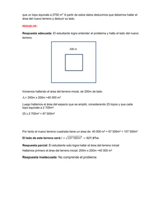 que un topo equivale a 2700 m2.
A partir de estos datos deducimos que debemos hallar el
área del nuevo terreno y deducir su lado.
RESUELVE:
Respuesta adecuada: El estudiante logra entender el problema y halla el lado del nuevo
terreno:
Iniciamos hallando el área del terreno inicial, de 200m de lado:
= 200m x 200m =40 000 m²
Luego hallamos el área del espacio que se amplió, considerando 25 topos y que cada
topo equivale a 2 700m²:
25 x 2 700m² = 67 500m²
Por tanto el nuevo terreno cuadrado tiene un área de: 40 000 m² + 67 500m² = 107 500m²
El lado de este terreno será:
Respuesta parcial: El estudiante solo logra hallar el área del terreno inicial
Hallamos primero el área del terreno inicial: 200m x 200m =40 000 m²
Respuesta inadecuada: No comprende el problema
200 m
 