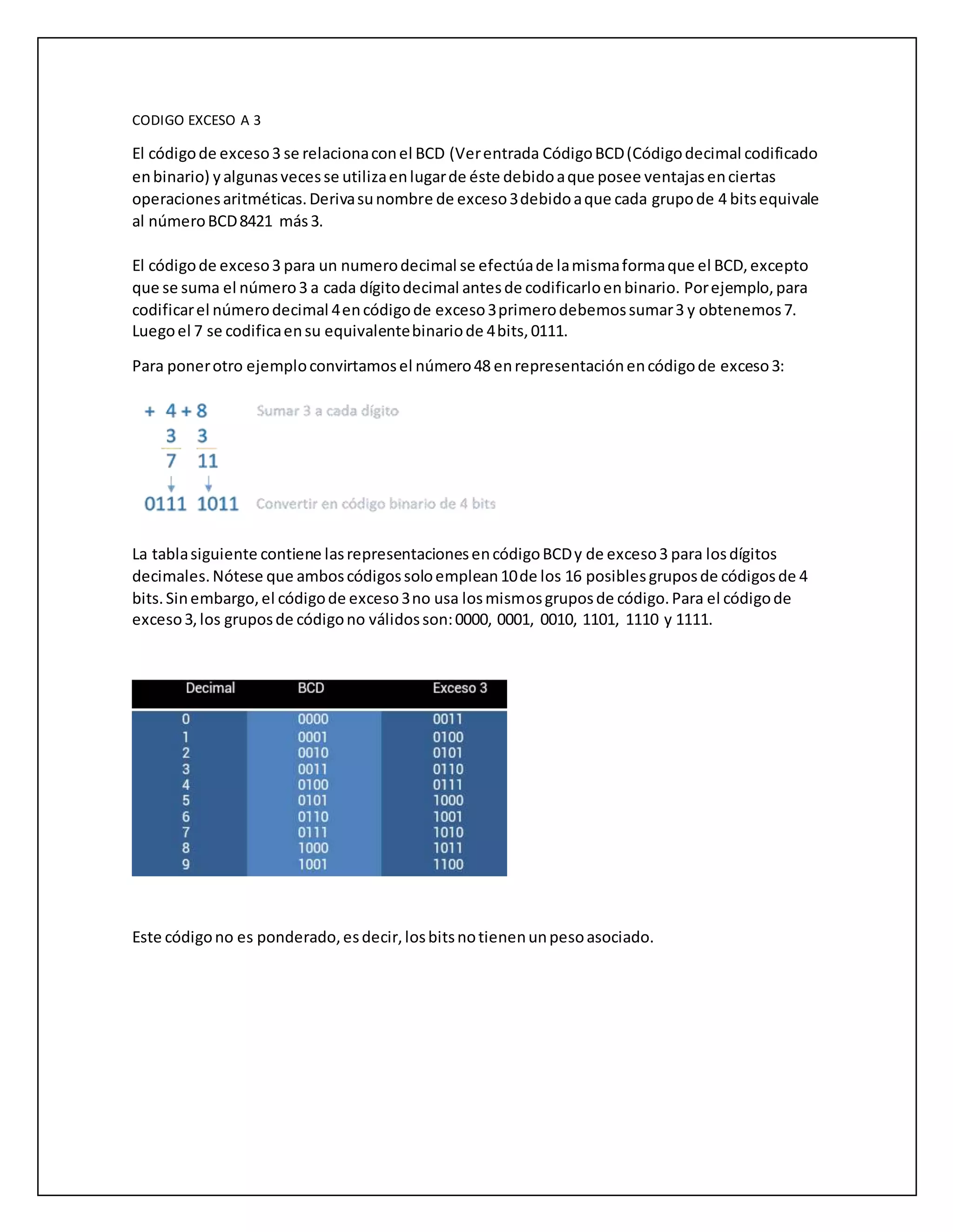 CODIGO EXCESO A 3
El códigode exceso3 se relacionaconel BCD (Verentrada CódigoBCD(Códigodecimal codificado
enbinario) yalgunasvecesse utilizaenlugarde éste debidoaque posee ventajasenciertas
operacionesaritméticas.Derivasunombre de exceso3debidoaque cada grupode 4 bitsequivale
al númeroBCD8421 más3.
El códigode exceso3 para un numerodecimal se efectúade lamismaformaque el BCD,excepto
que se suma el número3 a cada dígitodecimal antesde codificarloenbinario. Porejemplo,para
codificarel númerodecimal 4encódigode exceso3primerodebemossumar3 y obtenemos7.
Luegoel 7 se codificaensu equivalentebinariode 4bits,0111.
Para ponerotro ejemploconvirtamosel número48 enrepresentaciónencódigode exceso3:
La tablasiguiente contiene lasrepresentacionesencódigoBCDy de exceso3 para losdígitos
decimales.Nótese que amboscódigossoloemplean10de los 16 posiblesgruposde códigosde 4
bits.Sinembargo,el códigode exceso3no usa losmismosgruposde código.Para el códigode
exceso3,los gruposde códigono válidosson:0000, 0001, 0010, 1101, 1110 y 1111.
Este códigono es ponderado,esdecir,losbitsnotienenunpesoasociado.
 