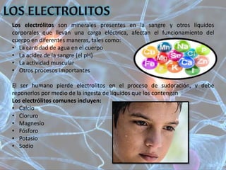 Los electrólitos son minerales presentes en la sangre y otros líquidos
corporales que llevan una carga eléctrica, afectan el funcionamiento del
cuerpo en diferentes maneras, tales como:
• La cantidad de agua en el cuerpo
• La acidez de la sangre (el pH)
• La actividad muscular
• Otros procesos importantes
El ser humano pierde electrolitos en el proceso de sudoración, y debe
reponerlos por medio de la ingesta de líquidos que los contengan
Los electrólitos comunes incluyen:
• Calcio
• Cloruro
• Magnesio
• Fósforo
• Potasio
• Sodio
 