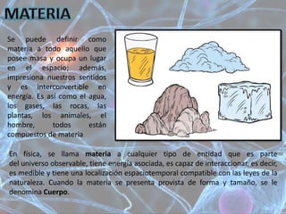 Se puede definir como
materia a todo aquello que
posee masa y ocupa un lugar
en el espacio; además,
impresiona nuestros sentidos
y es interconvertible en
energía. Es así como el agua,
los gases, las rocas, las
plantas, los animales, el
hombre, todos están
compuestos de materia
En física, se llama materia a cualquier tipo de entidad que es parte
del universo observable, tiene energía asociada, es capaz de interaccionar, es decir,
es medible y tiene una localización espaciotemporal compatible con las leyes de la
naturaleza. Cuando la materia se presenta provista de forma y tamaño, se le
denomina Cuerpo.
 