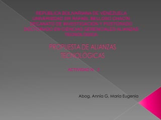 REPÚBLICA BOLIVARIANA DE VENEZUELA
UNIVERSIDAD DR RAFAEL BELLOSO CHACÍN
DECANATO DE INVESTIGACIÓN Y POSTGRADO
DOCTORADO EN CIENCIAS GERENCIALES ALIANZAS
TECNOLÓGICA

ACTIVIDAD N. 2

Abog. Annía G, María Eugenia

 