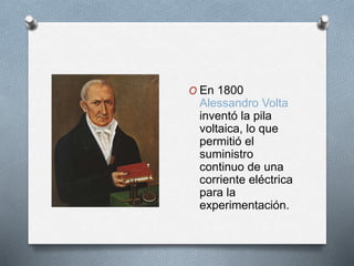 O En 1800 
Alessandro Volta 
inventó la pila 
voltaica, lo que 
permitió el 
suministro 
continuo de una 
corriente eléctrica 
para la 
experimentación. 
 