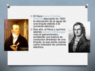 O El físico Hans Christian 
Oersted descubrió en 1820 
la desviación de la aguja de 
una brújula debida a la 
corriente eléctrica. 
O Ese año, el físico y químico 
alemán Johann Schweigger 
creó el galvanómetro, 
arrollando una bobina de 
conductor alrededor de una 
brújula, lo que podía usarse 
como indicador de corriente 
eléctrica. 
 