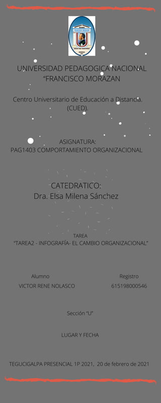 CATEDRATICO:
Dra. Elsa Milena Sánchez
TAREA
“TAREA2 - INFOGRAFÍA- EL CAMBIO ORGANIZACIONAL”
Sección “U”
LUGAR Y FECHA
TEGUCIGALPA PRESENCIAL 1P 2021, 20 de febrero de 2021
UNIVERSIDAD PEDAGOGICA NACIONAL
“FRANCISCO MORAZAN
Centro Universitario de Educación a Distancia.
(CUED).
ASIGNATURA:
PAG1403 COMPORTAMIENTO ORGANIZACIONAL
Alumno Registro
VICTOR RENE NOLASCO 615198000546
 