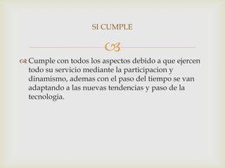 SI CUMPLE

                        
 Cumple con todos los aspectos debido a que ejercen
  todo su servicio mediante la participacion y
  dinamismo, ademas con el paso del tiempo se van
  adaptando a las nuevas tendencias y paso de la
  tecnologia.
 