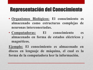 Representación del Conocimiento
• Organismos Biológicos: El conocimiento es
almacenado como estructuras complejas de
neuronas interconectadas.
• Computadoras: El conocimiento es
almacenado en forma de estados eléctricos y
magnéticos.
Ejemplo: El conocimiento es almacenado en
discos en lenguaje de máquina, el cual es la
forma de la computadora leer la información.
 