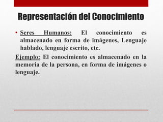 Representación del Conocimiento
• Seres Humanos: El conocimiento es
almacenado en forma de imágenes, Lenguaje
hablado, lenguaje escrito, etc.
Ejemplo: El conocimiento es almacenado en la
memoria de la persona, en forma de imágenes o
lenguaje.
 