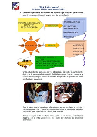 CEBA Javier Heraud
Av. San Juan Nº 690 San Juan de Miraflores UGEL 01
b. Desarrolla procesos autónomos de aprendizaje en forma permanente
para la mejora continua de su proceso de aprendizaje.
En la actualidad las personas se ven obligadas a aprender contantemente,
debido a la necesidad de adquirir habilidades para buscar, organizar y
valorar información por si solas. Con el fin de aprender a aprender de forma
significativa y autónoma.
Con el avance de la tecnología y las nuevas tendencias, llega el concepto
de e-learning el cual consiste en educar o capacitar al estudiante mediante
la utilización de herramientas ofimáticas e Internet.
Dicho concepto cada vez toma más fuerza en el mundo, pretendiendo
llegar a ser el más utilizado en un Futuro por alumnos de diferentes
disciplinas.
 