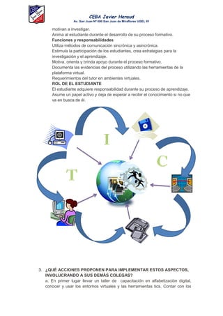 CEBA Javier Heraud
Av. San Juan Nº 690 San Juan de Miraflores UGEL 01
motivan a investigar.
Anima al estudiante durante el desarrollo de su proceso formativo.
Funciones y responsabilidades
Utiliza métodos de comunicación sincrónica y asincrónica.
Estimula la participación de los estudiantes, crea estrategias para la
investigación y el aprendizaje.
Motiva, orienta y brinda apoyo durante el proceso formativo.
Documenta las evidencias del proceso utilizando las herramientas de la
plataforma virtual.
Requerimientos del tutor en ambientes virtuales.
ROL DE EL ESTUDIANTE
El estudiante adquiere responsabilidad durante su proceso de aprendizaje.
Asume un papel activo y deja de esperar a recibir el conocimiento si no que
va en busca de él.
3. ¿QUÉ ACCIONES PROPONEN PARA IMPLEMENTAR ESTOS ASPECTOS,
INVOLUCRANDO A SUS DEMÁS COLEGAS?
a. En primer lugar llevar un taller de capacitación en alfabetización digital,
conocer y usar los entornos virtuales y las herramientas tics. Contar con los
 