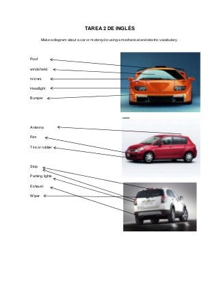 TAREA 2 DE INGLÉS
Make a diagram about a car or motorcycle using a mechanical and electric vacabulary.

Roof
windshield
mirrors
Headlight
Bumper

Antenna
Rim
Tire or rubber

Stop
Parking lights
Eshaust
Wiper

 