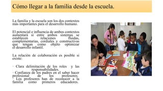 Cómo llegar a la familia desde la escuela.
La familia y la escuela son los dos contextos
más importantes para el desarrollo humano.
El potencial e influencia de ambos contextos
aumentará si entre ambos sistemas se
establecen relaciones fluidas,
complementarias, cordiales y constructivas
que tengan como objeto optimizar
el desarrollo infantil.
La relación de colaboración es posible si
existe:
· Clara delimitación de los roles y las
responsabilidades.
· Confianza de los padres en el saber hacer
profesional de los profesores.
· Los profesores han de reconocer a la
familia como primeros educadores.
 