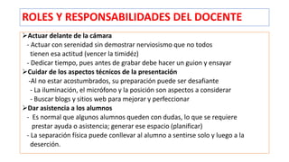 ROLES Y RESPONSABILIDADES DEL DOCENTE
Actuar delante de la cámara
- Actuar con serenidad sin demostrar nerviosismo que no todos
tienen esa actitud (vencer la timidéz)
- Dedicar tiempo, pues antes de grabar debe hacer un guion y ensayar
Cuidar de los aspectos técnicos de la presentación
-Al no estar acostumbrados, su preparación puede ser desafiante
- La iluminación, el micrófono y la posición son aspectos a considerar
- Buscar blogs y sitios web para mejorar y perfeccionar
Dar asistencia a los alumnos
- Es normal que algunos alumnos queden con dudas, lo que se requiere
prestar ayuda o asistencia; generar ese espacio (planificar)
- La separación física puede conllevar al alumno a sentirse solo y luego a la
deserción.
 