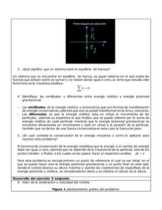 3. ¿Qué significa que un sistema esté en equilibrio de fuerzas?
Un sistema que se encuentra en equilibrio de fuerza, es aquel sistema en el que todas las
fuerzas que actúan sobre se suman y se restan dando igual a cero, la rama que estudia este
fenómeno es la mecánica estática:
∑𝐹𝑖 = 0
4. Identifique las similitudes y diferencias entre energía cinética y energía potencial
gravitacional.
- Las similitudes de la energía cinética y potencial es que son formas de manifestación
de energía conservativas, además que una se puede transformar en la otra y viceversa.
- Las diferencias es que la energía cinética esta en virtud al movimiento de las
partículas, además es expansiva lo que implica que se puede obtener por la suma de
energía cinética de cada partícula mientras que la energía potencial gravitacional se
encuentra almacenada sin movimiento y está en virtud a la posición de la partícula,
también que se deriva de una fuerza conservativa en este caso la fuerza de peso.
5. ¿En qué consiste la conservación de la energía mecánica y como la aplicará para
resolver este problema?
El teorema de conservación de la energía establece que la energía o el cambio de energía
debe ser igual a cero, además que no depende de la trayectoria de la partícula solo de los
puntos iniciales y finales a los cuales se les quiera hacer el respectivo análisis. ߡ𝐸 = 0
Para este problema se escoge primero un punto de referencia el cual va ser inicial en el
que se puede hacer cero la energía potencial gravitacional y un punto final en este caso
donde el cohete alcanza su altura máxima y usando las expresiones de específicas de la
energía potencial y cinética, se remplazada los datos y se obtiene el cálculo de la altura.
Desarrollo del ejercicio 5 asignado.
A. Valor de la aceleración y velocidad del cohete
Figura 1 planteamiento grafico del problema
 