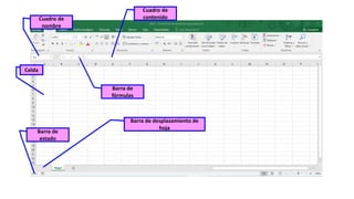 Cuadro de
nombre
Cuadro de
contenido
Barra de
fórmulas
Barra de
estado
Celda
Barra de desplazamiento de
hoja
 
