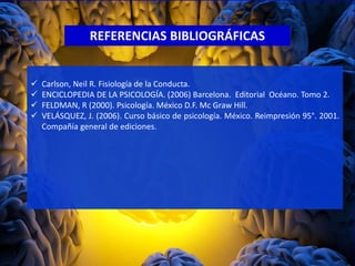 REFERENCIAS BIBLIOGRÁFICAS
 Carlson, Neil R. Fisiología de la Conducta.
 ENCICLOPEDIA DE LA PSICOLOGÍA. (2006) Barcelona. Editorial Océano. Tomo 2.
 FELDMAN, R (2000). Psicología. México D.F. Mc Graw Hill.
 VELÁSQUEZ, J. (2006). Curso básico de psicología. México. Reimpresión 95°. 2001.
Compañía general de ediciones.
 