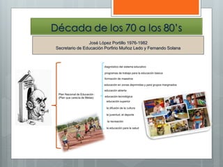 José López Portillo 1976-1982
Secretario de Educación Porfirio Muñoz Ledo y Fernando Solana
Plan Nacional de Educación :
(Plan que carecía de Metas)
diagnóstico del sistema educativo
programas de trabajo para la educación básica
formación de maestros
educación en zonas deprimidas y para grupos marginados
educación abierta
educación tecnológica
educación superior
la difusión de la cultura
la juventud, el deporte
la recreación
la educación para la salud
 