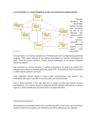 2.-FUNCIONES Y CARACTERISTICAS DE LOS SISTEMAS OPERATIVOS
Sistemas
operativos han
desarrollado
durante los años
para convertirse
en uno de los
elemento más
crítico de un PC.
Sin sistema
operativo,
utilizando un
ordenador
portátil o un
equipo sería
muy difícil.
En un principio, los sistemas operativos no formaban parte de la configuración general del
programa. Ellos surgió después de que habían desarrollado los sistemas informáticos de
super. Antes de sistema operativo, detalles fueron alimentados en el sistema utilizando
tarjetas de impacto.
Este programa no era muy eficiente y también conocimiento de tarjetas de impacto fue
necesario para obtener los detalles preferidos desde el PC. El ejemplo de línea de comandos
es DOS (sistema operativo de disco).
Todo ordenador sistema operativo tienen ciertos procedimientos que realizan “tras
bambalinas” para que el operador no necesita saber que está ocurriendo.
Esto se llama multitarea y hace más fácil usar el equipo sin tener que manejar recursos
personalmente. Los sistemas operativos había introducido sistemas informáticos en casas y
negocios y hecho posible para que usted utilice su equipo individual.
Tipo de sistema operativo
Normalmente en una amplia familia de los sistemas operativos, hay 4 tipos, que se clasifican
basados en tipos de los equipos que controlan y tipo de las aplicaciones que soportan.
Ilustración 2
 