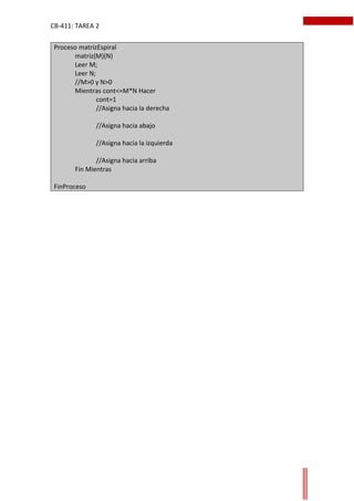 CB-411: TAREA 2
Proceso matrizEspiral
matriz(M)(N)
Leer M;
Leer N;
//M>0 y N>0
Mientras cont<=M*N Hacer
cont=1
//Asigna hacia la derecha
//Asigna hacia abajo
//Asigna hacia la izquierda
//Asigna hacia arriba
Fin Mientras
FinProceso
 