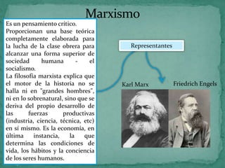 Es un pensamiento crítico.
Proporcionan una base teórica
completamente elaborada para
la lucha de la clase obrera para
alcanzar una forma superior de
sociedad humana - el
socialismo.
La filosofía marxista explica que
el motor de la historia no se
halla ni en "grandes hombres",
ni en lo sobrenatural, sino que se
deriva del propio desarrollo de
las fuerzas productivas
(industria, ciencia, técnica, etc)
en sí mismo. Es la economía, en
última instancia, la que
determina las condiciones de
vida, los hábitos y la conciencia
de los seres humanos.
Representantes
Karl Marx Friedrich Engels
 