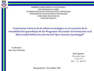 REPÚBLICA BOLIVARIANA DEVENEZUELA
UNIVERSIDADYACAMBÚ
VICERRECTORADO DE INVESTIGACIÓNY POSTGRADO
INSTITUTO DE INVESTIGACIÓNY POSTGRADO
SEMINARIO AVANZADO DE
TESIS DOCTORAL II
Facilitador:
Dra.Ana Alvarado
Barquisimeto, Noviembre 2015
Participante:
Hernández, Juan
15.845.435
PGE - 141 -00322V
Constructos teóricos de la cultura tecnológica en el escenario de la
virtualidad del aprendizaje de los Programas Nacionales de Formación en la
Universidad PolitécnicaTerritorial “José Antonio Anzoátegui”
 
