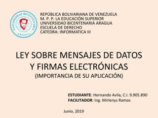 LEY SOBRE MENSAJES DE DATOS
Y FIRMAS ELECTRÓNICAS
(IMPORTANCIA DE SU APLICACIÓN)
REPÚBLICA BOLIVARIANA DE VENEZUELA
M. P. P. LA EDUCACIÓN SUPERIOR
UNIVERSIDAD BICENTENARIA ARAGUA
ESCUELA DE DERECHO
CATEDRA: INFORMATICA III
ESTUDIANTE: Hernando Avila, C.I. 9.905.890
FACILITADOR: Ing. Mirlenys Ramos
Junio, 2019
 