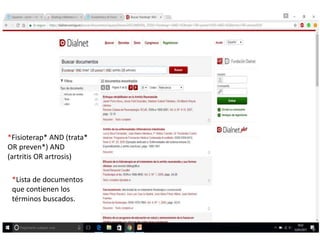 *Fisioterap* AND (trata*
OR preven*) AND
(artritis OR artrosis)
*Lista de documentos
que contienen los
términos buscados.
 