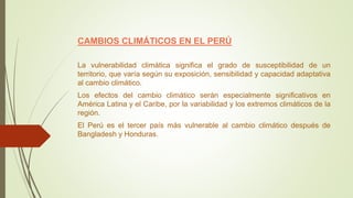 CAMBIOS CLIMÁTICOS EN EL PERÚ
La vulnerabilidad climática significa el grado de susceptibilidad de un
territorio, que varía según su exposición, sensibilidad y capacidad adaptativa
al cambio climático.
Los efectos del cambio climático serán especialmente significativos en
América Latina y el Caribe, por la variabilidad y los extremos climáticos de la
región.
El Perú es el tercer país más vulnerable al cambio climático después de
Bangladesh y Honduras.
 