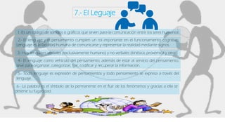 7.- El Leguaje
1.-Es un código de sonidos o gráficos que sirven para la comunicación entre los seres humanos
2.- El lenguaje y el pensamiento cumplen un rol importante en el funcionamiento cognitivo.
Lenguaje es la facultad humana de comunicarse y representar la realidad mediante signos.
3.- Hay lenguajes verbales (exclusivamente humano) y no verbales (kinésica, proxémica y otros)
4.- El lenguaje como vehículo del pensamiento, además de estar al servicio del pensamiento,
sirve para organizar, categorizar, fijar, codificar y recuperar la información.
5.- Todo lenguaje es expresión de pensamientos y todo pensamiento se expresa a través del
lenguaje.
6.- La palabra es el símbolo de lo permanente en el fluir de los fenómenos y gracias a ella se
detiene su fugacidad.
 