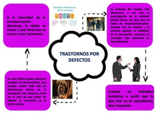 TRASTORNOS POR
DEFECTOS
La vivencia del mundo real
disminuye, o sea que la
participación de la realidad
pierde fuerza. En este caso se
habla de despersonalización.
Cuando son los objetos y el
entorno quienes se debilitan
en la percepción, entonces el
concepto más adecuado es
desrealización
Si la intensidad de la
sensopercepción
disminuye, la nitidez es
menor y este fenómeno se
conoce como hipoestesia.
En este último grupo aparecen
también las alucinaciones, que
pueden causar todo tipo de
alteraciones físicas en la
percepción del entorno, como
ser la idea de que todos los
objetos se encuentra en el
mismo plano.
Cuando un individuo
comienza a sentir que lo
que vive no es espontáneo,
sino impuesto.
 