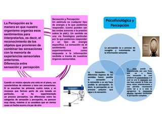 La Percepción es la
manera en que nuestro
organismo organiza esos
sentimientos para
interpretarlos, es decir, el
reconocimiento de los
objetos que provienen de
combinar las sensaciones
con la memoria de
experiencias sensoriales
anteriores.
Diferencia entre
sensación y percepción
La percepción es e proceso de
recogida y tratamiento de
la información sensorial.
La vista puede ser
impresionada por una fruta
que va a llevar
una sensación la cual
produce un conocimiento y al
cual se una la memoria que
nos hace asociar la fruta con
otras vistas anteriormente y
nos permite reconocerla
como tal y si a esto le
agregamos la resonancia
afectiva (agrado) tendremos
la percepción completa.
La Sensación: los
diferentes órganos de los
sentidos hacen posible
la sensación y
la sensación a su vez hace
posible la percepción. Es
decir, la percepción es un
proceso psíquico que
sigue a la sensación.
Psicofisiológica y
Percepción
Sensación y Percepción
Un estímulo es cualquier tipo
de energía a la que podemos
responder, (como pueden ser
las ondas sonoras o la presión
sobre la piel.). Un sentido es
una vía fisiológica particular
por la que podemos responder
a un tipo de energía
específica. La sensación es el
sentimiento que
experimentamos como
respuesta a la información
recibida a través de nuestros
órganos sensoriales.
Cuando un músico ejecuta una nota en el piano, sus
características de volumen y tono son sensaciones.
Si se escuchan las primeras cuatro notas y se
reconoce que forman parte de una tonada en
particular, se ha experimentado
un proceso perceptivo. Las diferencias entre las
categorías de sensación y percepción, no parecen
muy claras, máxime si se considera que en ciertos
casos un hecho ocurre a la par de otro
 
