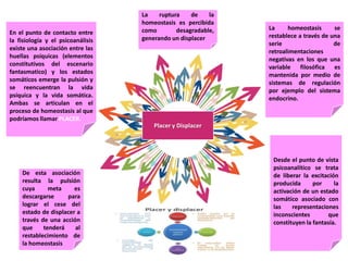 Placer y Displacer
La ruptura de la
homeostasis es percibida
como desagradable,
generando un displacer
La homeostasis se
restablece a través de una
serie de
retroalimentaciones
negativas en los que una
variable filosófica es
mantenida por medio de
sistemas de regulación
por ejemplo del sistema
endocrino.
Desde el punto de vista
psicoanalítico se trata
de liberar la excitación
producida por la
activación de un estado
somático asociado con
las representaciones
inconscientes que
constituyen la fantasía.
En el punto de contacto entre
la fisiología y el psicoanálisis
existe una asociación entre las
huellas psíquicas (elementos
constitutivos del escenario
fantasmatico) y los estados
somáticos emerge la pulsión y
se reencuentran la vida
psíquica y la vida somática.
Ambas se articulan en el
proceso de homeostasis al que
podríamos llamar PLACER.
De esta asociación
resulta la pulsión
cuya meta es
descargarse para
lograr el cese del
estado de displacer a
través de una acción
que tenderá al
restablecimiento de
la homeostasis
 