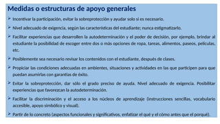Medidas o estructuras de apoyo generales
 Incentivar la participación, evitar la sobreprotección y ayudar solo si es necesario.
 Nivel adecuado de exigencia, según las características del estudiante; nunca estigmatizarlo.
 Facilitar experiencias que desarrollen la autodeterminación y el poder de decisión, por ejemplo, brindar al
estudiante la posibilidad de escoger entre dos o más opciones de ropa, tareas, alimentos, paseos, películas,
etc.
 Posiblemente sea necesario revisar los contenidos con el estudiante, después de clases.
 Propiciar las condiciones adecuadas en ambientes, situaciones y actividades en las que participen para que
puedan asumirlas con garantías de éxito.
 Evitar la sobreprotección, dar sólo el grado preciso de ayuda. Nivel adecuado de exigencia. Posibilitar
experiencias que favorezcan la autodeterminación.
 Facilitar la discriminación y el acceso a los núcleos de aprendizaje (instrucciones sencillas, vocabulario
accesible, apoyo simbólico y visual).
 Partir de lo concreto (aspectos funcionales y significativos, enfatizar el qué y el cómo antes que el porqué).
 