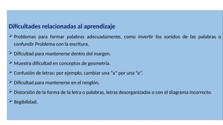 Dificultades relacionadas al aprendizaje
 Problemas para formar palabras adecuadamente, como invertir los sonidos de las palabras o
confundir Problema con la escritura.
 Dificultad para mantenerse dentro del margen.
 Muestra dificultad en conceptos de geometría.
 Confusión de letras: por ejemplo, cambiar una “a” por una “e”.
 Dificultad para mantenerse en el renglón.
 Distorsión de la forma de la letra o palabras, letras desorganizadas o con el diagrama incorrecto.
 Ilegibilidad.
 