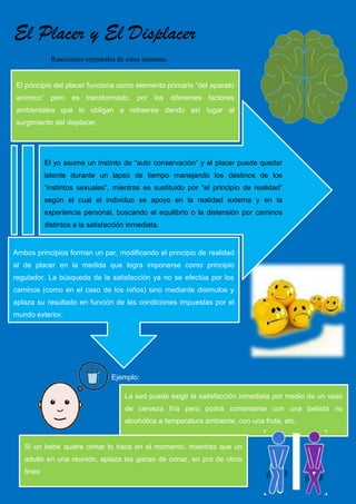 Reacciones corporales de estos sistemas.
El Placer y El Displacer
El yo asume un instinto de “auto conservación” y el placer puede quedar
latente durante un lapso de tiempo manejando los destinos de los
“instintos sexuales”, mientras es sustituido por “el principio de realidad”
según el cual el individuo se apoya en la realidad externa y en la
experiencia personal, buscando el equilibrio o la distensión por caminos
distintos a la satisfacción inmediata.
Ambos principios forman un par, modificando el principio de realidad
al de placer en la medida que logra imponerse como principio
regulador. La búsqueda de la satisfacción ya no se efectúa por los
caminos (como en el caso de los niños) sino mediante disimulos y
aplaza su resultado en función de las condiciones impuestas por el
mundo exterior.
Ejemplo:
El principio del placer funciona como elemento primario “del aparato
anímico” pero es transformado, por los diferentes factores
ambientales que lo obligan a retraerse dando así lugar al
surgimiento del displacer.
La sed puede exigir la satisfacción inmediata por medio de un vaso
de cerveza fría pero podrá contentarse con una bebida no
alcohólica a temperatura ambiente, con una fruta, etc.
Si un bebe quiere orinar lo hace en el momento, mientras que un
adulto en una reunión, aplaza las ganas de orinar, en pro de otros
fines.
 