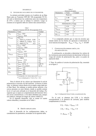Tabla 2
Parámetros de diseño.

DESARROLLO

A. ANÁLISIS DEL DATA SHEET DE UN TRANSISTOR.

Parámetros

Unidad

IC q

2 .00

mA

VCE q

La primera actividad consiste en el análisis de un Data
Sheet, para un Transistor NPN BC 548 encapsulado TO 92,
del cual se determinan las condiciones para una temperatura
de 25°C, a menos que se indique lo contrario. Luego se
resumen en la siguiente tabla los valores más característicos.

Valor
Punto Q

5.00

V

Alimentación y Carga
VCC

Parámetros
VCE
VCE(sat)

VCB
VBE
VBE(sat)
IC

PD
𝛽 DC
𝛽 AC

Valor
VMÁX : 30.0
V(BR)CEO : 30.0
Para: (*)
Ic : 10mA, IB: 0.5mA : 0.09
Ic : 100mA, IB: 5.0mA : 0.2
Ic : 10mA, IB: **
: 0.3
VMÁX.: 30.0
V(BR)CBO : 30.0
VMÁX.: 6.0
V(BR)EBO : 6.0
VBEsat min : 0.55
VBEsat max : 0.70
IC.: 100.0
ICES max. : 15.0
ICES typ. : 0.2
VMÁX.: 625 ± 5
VMÁX: 1.5 ± 0.012
𝛽 DCmin : 110
𝛽 DCmax : 800
𝛽 AC min : 125
𝛽 ACmax : 900

V
V
mADC
nA
nA
mW/°C
W/°C

V
V
V
VDC
V
VDC
V

V

0.55

V

VCE (sat)

0.20

V

𝛽 DC min

Unidad
VDC
V

12.0

VBE min

Tabla 1
Parámetros Transistor NPN BC 548 encapsulado TO 92.

110

Y se comprueba además que se trata de circuitos que
estarán dentro de los límites de operación al determinar el
nivel máximo de disipación: 𝑃 𝐶𝑚𝑎𝑥 = 𝑉 𝐶𝐸𝑞 ∙ 𝐼 𝐶𝑞 = 10 𝑚𝑊

1.

CONFIGURACIÓN EMISOR COMÚN, CON
POLARIZACIÓN FIJA.

A continuación, se proceden a determinar los valores de
las resistencias para posteriormente de determinar la Recta de
Carga del circuito de polarización fija, junto a su punto de
operación ideal.
1° Paso. Se analiza el circuito de polarización fija, mostrado
en la figura 3.

* Corresponde a los valores típicos del VCE (SAT)
** IB es evaluada para IC=11mA y Vce = 1.0v.

Para el cálculo de los valores que determinan la red de
polarización se necesita el 𝛽 del transistor. Al buscar el dicho
valor se obtienen valores dentro de un amplio rango dado por
el Data Sheet. Sin embargo se podría prestar atención a las
curvas presentes en estos últimos, donde es posible estimar
los 𝛽, el cual sería utilizado en el desarrollo del trabajo. Por
supuesto que se espera un comportamiento del transistor fiel a
sus curvas características y a los datos tabulados que, aunque
son estáticos, entregan los rangos de valores válidos.[3]
En el siguiente desarrollo, sólo se toman en cuenta
valores obtenidos y resumidos en la Tabla 1.

Fig. 3. Configuración Emisor Común, con polarización fija.

En el cual, se plantean dos LVK y la relación
correspondiente a la ganancia de corriente, para modelar
completamente el circuito.
1. 𝑉𝑐𝑐 − 𝑅 𝐵 𝐼 𝐵 − 𝑉 𝐵𝐸𝑚𝑖𝑛 = 0

B. DISEÑO AMPLIFICADOR.
Para el desarrollo de las configuraciones dadas, se
consideraron los parámetros, mostrados en la siguiente tabla.

2. 𝑉𝑐𝑐 − 𝑅 𝑐 𝐼 𝑐𝑞 − 𝑉 𝐶𝐸𝑞 = 0
3. 𝛽 𝐷𝐶𝑚𝑖𝑛 =

𝐼 𝐶𝑞
𝐼𝐵

2

 