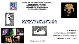 REPÚBLICA BOLIVARIANA DE VENEZUELA
UNIVERSIDAD YACAMBÚ
VICERRECTORADO ACADÉMICO
FACULTAD DE HUMANIDADES
ESCUELA DE PSICOLOGÍA
Cabudare, Junio de 2017
INTEGRANTE:
Lic. María Cáceres C.I. 09619496
Profesora: Lic. Xiomara Rodríguez
Expediente: HPS-161-00200V
 