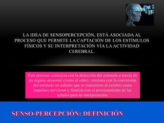 Este proceso comienza con la detección del estímulo a través de
un órgano sensorial (como el oído), continúa con la conversión
del estímulo en señales que se transmiten al cerebro como
impulsos nerviosos y finaliza con el procesamiento de las
señales para su interpretación.
LA IDEA DE SENSOPERCEPCIÓN, ESTÁ ASOCIADA AL
PROCESO QUE PERMITE LA CAPTACIÓN DE LOS ESTÍMULOS
FÍSICOS Y SU INTERPRETACIÓN VÍA LA ACTIVIDAD
CEREBRAL.
 