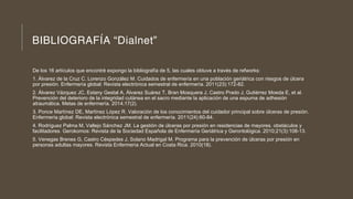 BIBLIOGRAFÍA “Dialnet”
De los 16 artículos que encontré expongo la bibliografía de 5, las cuales obtuve a través de refworks:
1. Álvarez de la Cruz C, Lorenzo González M. Cuidados de enfermería en una población geriátrica con riesgos de úlcera
por presión. Enfermería global: Revista electrónica semestral de enfermería. 2011(23):172-82.
2. Álvarez Vázquez JC, Estany Gestal A, Álvarez Suárez T, Bran Mosquera J, Castro Prado J, Gutiérrez Moeda E, et al.
Prevención del deterioro de la integridad cutánea en el sacro mediante la aplicación de una espuma de adhesión
atraumática. Metas de enfermería. 2014;17(2).
3. Ponce Martínez DE, Martínez López R. Valoración de los conocimientos del cuidador principal sobre úlceras de presión.
Enfermería global: Revista electrónica semestral de enfermería. 2011(24):60-84.
4. Rodríguez Palma M, Vallejo Sánchez JM. La gestión de úlceras por presión en residencias de mayores. obstáculos y
facilitadores. Gerokomos: Revista de la Sociedad Española de Enfermería Geriátrica y Gerontológica. 2010;21(3):108-13.
5. Venegas Brenes G, Castro Céspedes J, Solano Madrigal M. Programa para la prevención de úlceras por presión en
personas adultas mayores. Revista Enfermería Actual en Costa Rica. 2010(18).
 