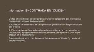 Información ENCONTRADA EN “CUIDEN”
De los cinco artículos que encontré en “Cuiden” seleccione dos los cuales a
continuación pongo a texto completo:
1. Cuidados de enfermería en una población geriátrica con riesgos de úlcera
por presión
2. Efecto de la enseñanza de enfermería con enfoque de competencias en
la capacidad del agente de cuidado dependiente, para prevenir ulceras por
presión en el adulto mayor
Para acceder al texto completo accedí al resumen en “Cuiden” y desde allí
al texto completo.
 