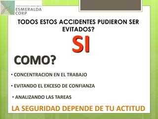 TODOS ESTOS ACCIDENTES PUDIERON SER
EVITADOS?
COMO?
SI
• EVITANDO EL EXCESO DE CONFIANZA
• CONCENTRACION EN EL TRABAJO
• ANALIZANDO LAS TAREAS
LA SEGURIDAD DEPENDE DE TU ACTITUD
 