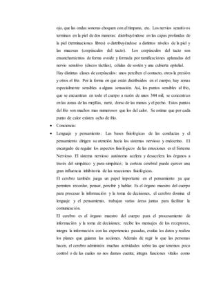 ojo, que las ondas sonoras choquen con el tímpano, etc. Los nervios sensitivos
terminan en la piel de dos maneras: distribuyéndose en las capas profundas de
la piel (terminaciones libres) o distribuyéndose a distintos niveles de la piel y
las mucosas (corpúsculos del tacto). Los corpúsculos del tacto son
ensanchamientos de forma ovoide y formada por ramificaciones aplanadas del
nervio sensitivo (discos táctiles), células de sostén y una cubierta epitelial.
Hay distintas clases de corpúsculos: unos perciben el contacto, otros la presión
y otros el frío. Por la forma en que están distribuidos en el cuerpo, hay zonas
especialmente sensibles a alguna sensación. Así, los puntos sensibles al frío,
que se encuentran en todo el cuerpo a razón de unos 344 mil, se concentran
en las zonas de las mejillas, nariz, dorso de las manos y el pecho. Estos puntos
del frío son muchos mas numerosos que los del calor. Se estima que por cada
punto de calor existen ocho de frío.
 Conciencia:
 Lenguaje y pensamiento: Las bases fisiológicas de las conductas y el
pensamiento dirigen su atención hacia los sistemas nervioso y endocrino. El
encargado de regular los aspectos fisiológicos de las emociones es el Sistema
Nervioso. El sistema nervioso autónomo acelera y desacelera los órganos a
través del simpático y para-simpático; la corteza cerebral puede ejercer una
gran influencia inhibitoria de las reacciones fisiológicas.
El cerebro también juega un papel importante en el pensamiento ya que
permiten recordar, pensar, percibir y hablar. Es el órgano maestro del cuerpo
para procesar la información y la toma de decisiones, el cerebro domina el
lenguaje y el pensamiento, trabajan varias áreas juntas para facilitar la
comunicación.
El cerebro es el órgano maestro del cuerpo para el procesamiento de
información y la toma de decisiones; recibe los mensajes de los receptores,
integra la información con las experiencias pasadas, evalúa los datos y realiza
los planes que guiaran las acciones. Además de regir lo que las personas
hacen, el cerebro administra muchas actividades sobre las que tenemos poco
control o de las cuales no nos damos cuenta; integra funciones vitales como
 