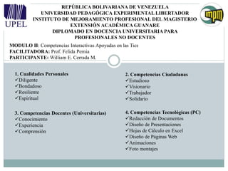 REPÚBLICA BOLIVARIANA DE VENEZUELA
UNIVERSIDAD PEDAGÓGICA EXPERIMENTAL LIBERTADOR
INSTITUTO DE MEJORAMIENTO PROFESIONAL DEL MAGISTERIO
EXTENSIÓN ACADÉMICA GUANARE
DIPLOMADO EN DOCENCIA UNIVERSITARIA PARA
PROFESIONALES NO DOCENTES
MODULO II: Competencias Interactivas Apoyadas en las Tics
FACILITADORA: Prof. Felida Pernia
PARTICIPANTE: William E. Cerrada M.
1. Cualidades Personales
Diligente
Bondadoso
Resiliente
Espiritual
2. Competencias Ciudadanas
Estudioso
Visionario
Trabajador
Solidario
3. Competencias Docentes (Universitarias)
Conocimiento
Experiencia
Comprensión
4. Competencias Tecnológicas (PC)
Redacción de Documentos
Diseño de Presentaciones
Hojas de Cálculo en Excel
Diseño de Páginas Web
Animaciones
Foto montajes
 