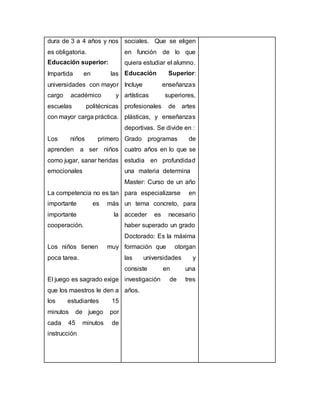 dura de 3 a 4 años y nos
es obligatoria.
Educación superior:
Impartida en las
universidades con mayor
cargo académico y
escuelas politécnicas
con mayor carga práctica.
Los niños primero
aprenden a ser niños
como jugar, sanar heridas
emocionales
La competencia no es tan
importante es más
importante la
cooperación.
Los niños tienen muy
poca tarea.
El juego es sagrado exige
que los maestros le den a
los estudiantes 15
minutos de juego por
cada 45 minutos de
instrucción
sociales. Que se eligen
en función de lo que
quiera estudiar el alumno.
Educación Superior:
Incluye enseñanzas
artísticas superiores,
profesionales de artes
plásticas, y enseñanzas
deportivas. Se divide en :
Grado programas de
cuatro años en lo que se
estudia en profundidad
una materia determina
Master: Curso de un año
para especializarse en
un tema concreto, para
acceder es necesario
haber superado un grado
Doctorado: Es la máxima
formación que otorgan
las universidades y
consiste en una
investigación de tres
años.
 