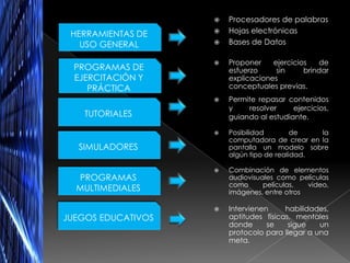    Procesadores de palabras
 HERRAMIENTAS DE       Hojas electrónicas
   USO GENERAL         Bases de Datos

                       Proponer    ejercicios   de
  PROGRAMAS DE          esfuerzo     sin     brindar
  EJERCITACIÓN Y        explicaciones
     PRÁCTICA           conceptuales previas.
                       Permite repasar contenidos
                        y    resolver     ejercicios,
    TUTORIALES          guiando al estudiante.

                       Posibilidad        de   la
                        computadora de crear en la
  SIMULADORES           pantalla un modelo sobre
                        algún tipo de realidad.

                       Combinación de elementos
  PROGRAMAS             audiovisuales como películas
                        como      películas,  video,
  MULTIMEDIALES         imágenes, entre otros

                       Intervienen     habilidades,
JUEGOS EDUCATIVOS       aptitudes físicas, mentales
                        donde      se    sigue   un
                        protocolo para llegar a una
                        meta.
 
