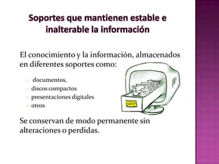 Soportes que mantienen estable e
     inalterable la información

El conocimiento y la información, almacenados
en diferentes soportes como:
    documentos,
    discos compactos
    presentaciones digitales
    otros

Se conservan de modo permanente sin
alteraciones o perdidas.
 