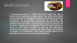 BASES LEGALES
 Corresponde realizar un análisis del marco legal que rige la
Educación en Venezuela, en este sentido y en primer orden debe
tenerse presente la necesidad de evaluar como punto de partida la
Constitución de la República Bolivariana de Venezuela, ello
atendiendo a la brillante construcción jurídica del pensamiento del
brillante jurista Hans Kelsen, cuando bajo su teoría “La jerarquía de
las leyes”, estableció la Constitución, como la norma suprema y
sobre la cual deben emerger el resto de los instrumentos
normativos en cualquier sociedad, ello sobre la base de considerar
el respeto a la Constitución como norma superior dentro de la
jerarquía de las Leyes a las que se hace referencia.
 